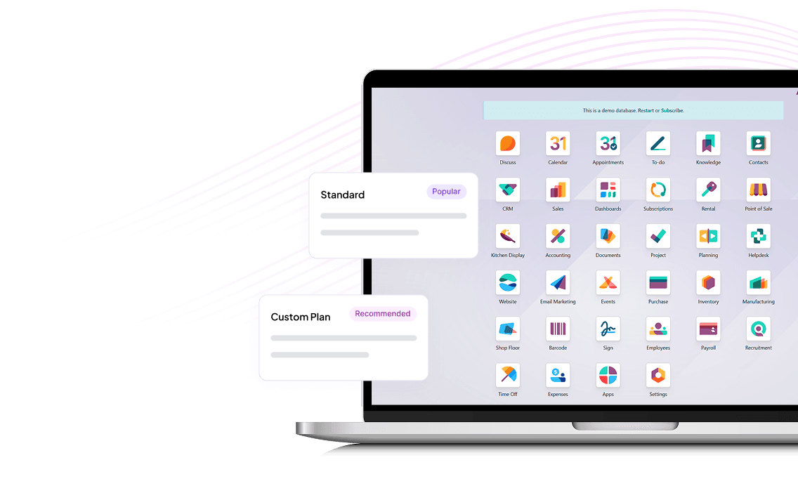 Odoo Pricing Plans dashboard with ERP apps and flexible plan options.