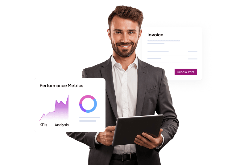 Professional using analytics dashboard and invoices in Odoo ERP Implementation system