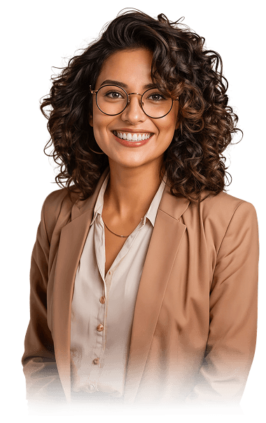 Professional woman with curly hair and glasses in a business portrait.