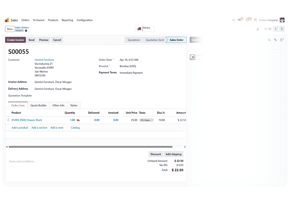 Sales order dashboard with Furniture Business ERP for invoicing and delivery tracking.