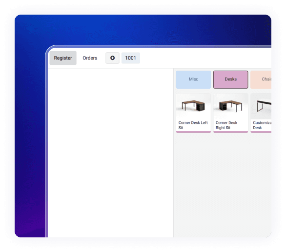Point of sale interface using Furniture Business ERP for furniture product selection.