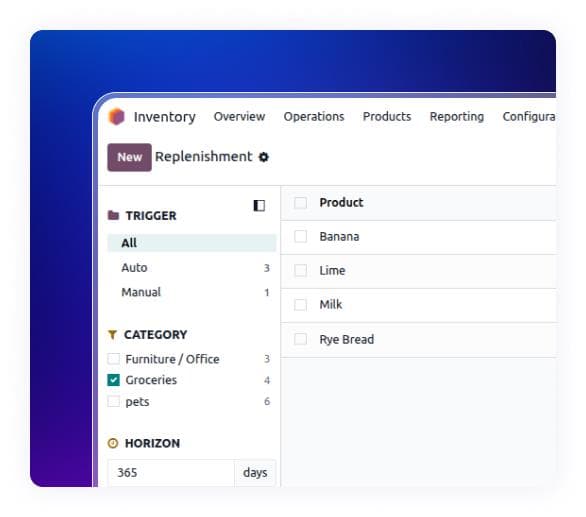 Inventory replenishment management with Odoo Grocery Solution for grocery stock control.