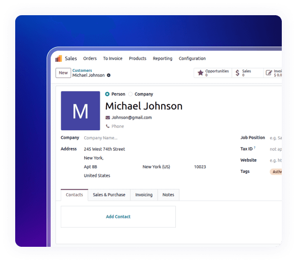 Patient profile management in Health Clinic ERP for medical and contact information.