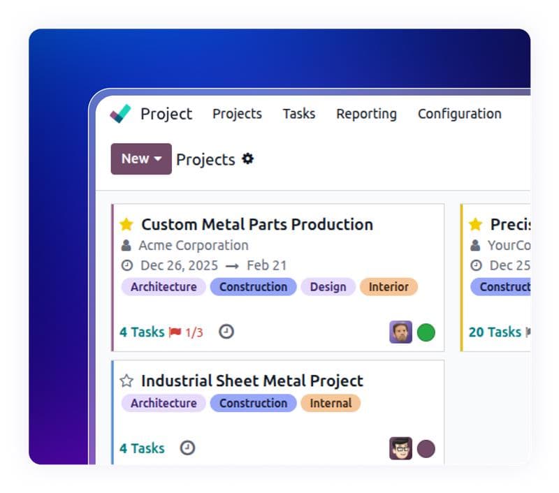 Project management workspace powered by Metal Manufacturing ERP for production tasks.