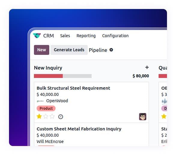 CRM sales pipeline with Metal Manufacturing ERP for lead and inquiry management.