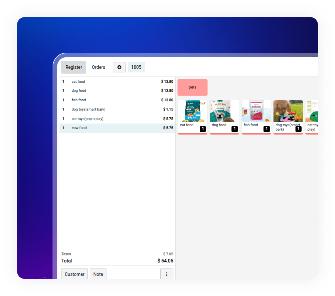 Point of sale screen in Pet Store ERP Solution for pet product checkout and billing.