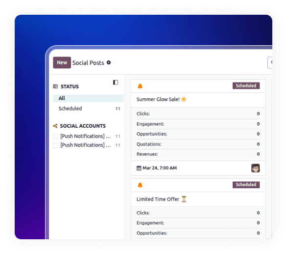 Scheduled social posts managed through Promotional Products ERP Software.