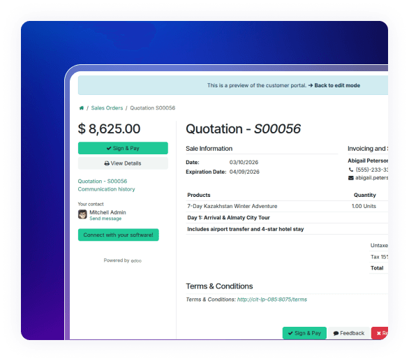 Customer quotation portal with digital approvals in Travel ERP Solution.