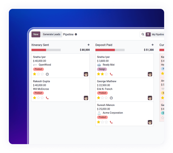 Sales pipeline dashboard tracking bookings using Travel ERP Solution.