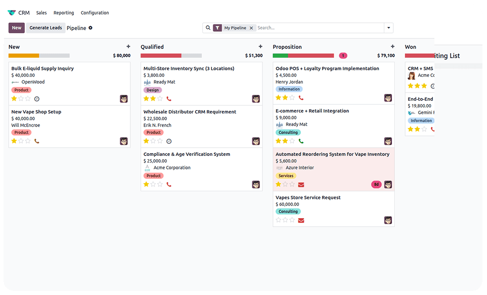 CRM sales pipeline in Odoo Retail Vapes ERP for managing leads and retail opportunities.
