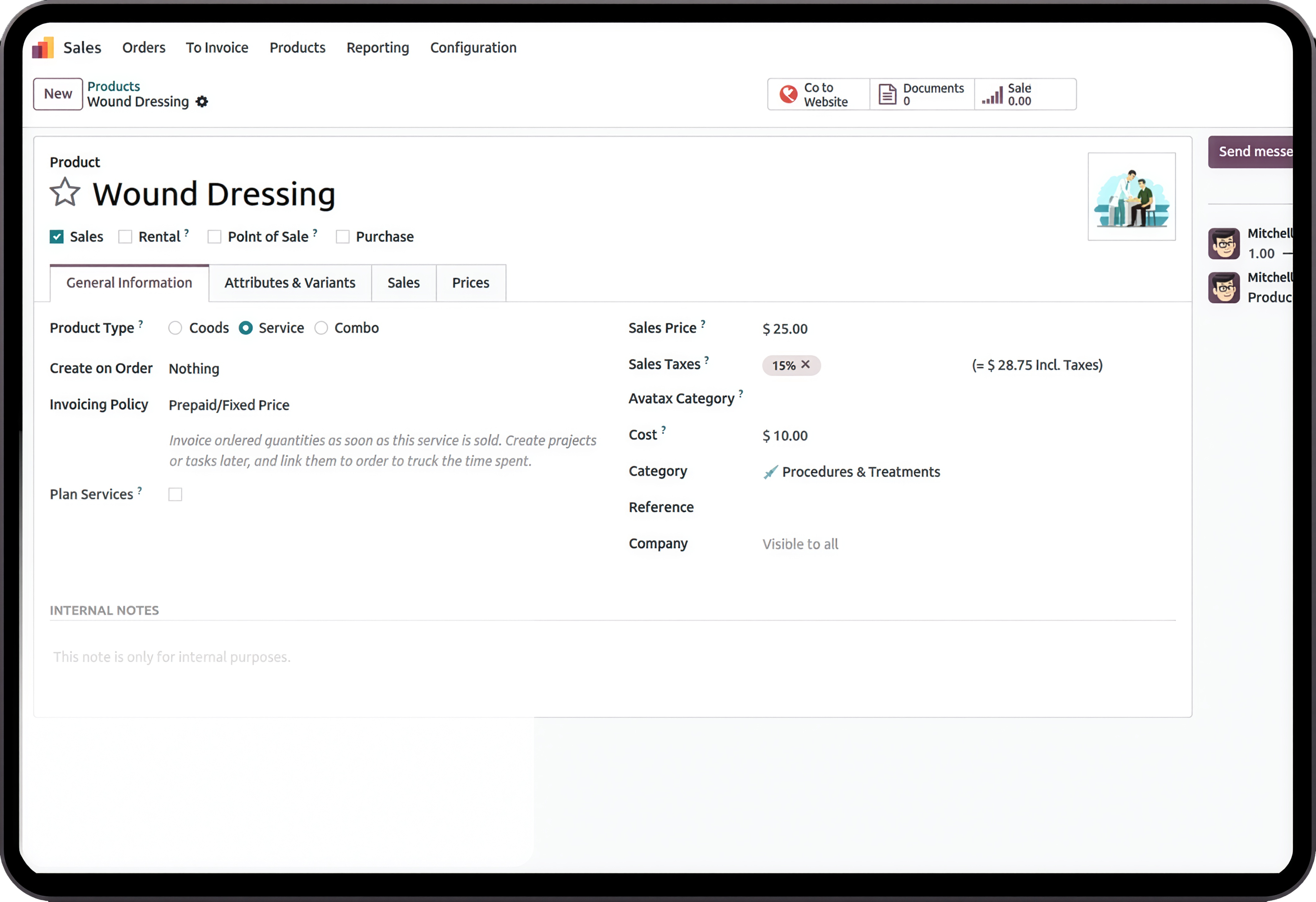 Medical service setup in Health Clinic ERP for treatment pricing and patient care management.