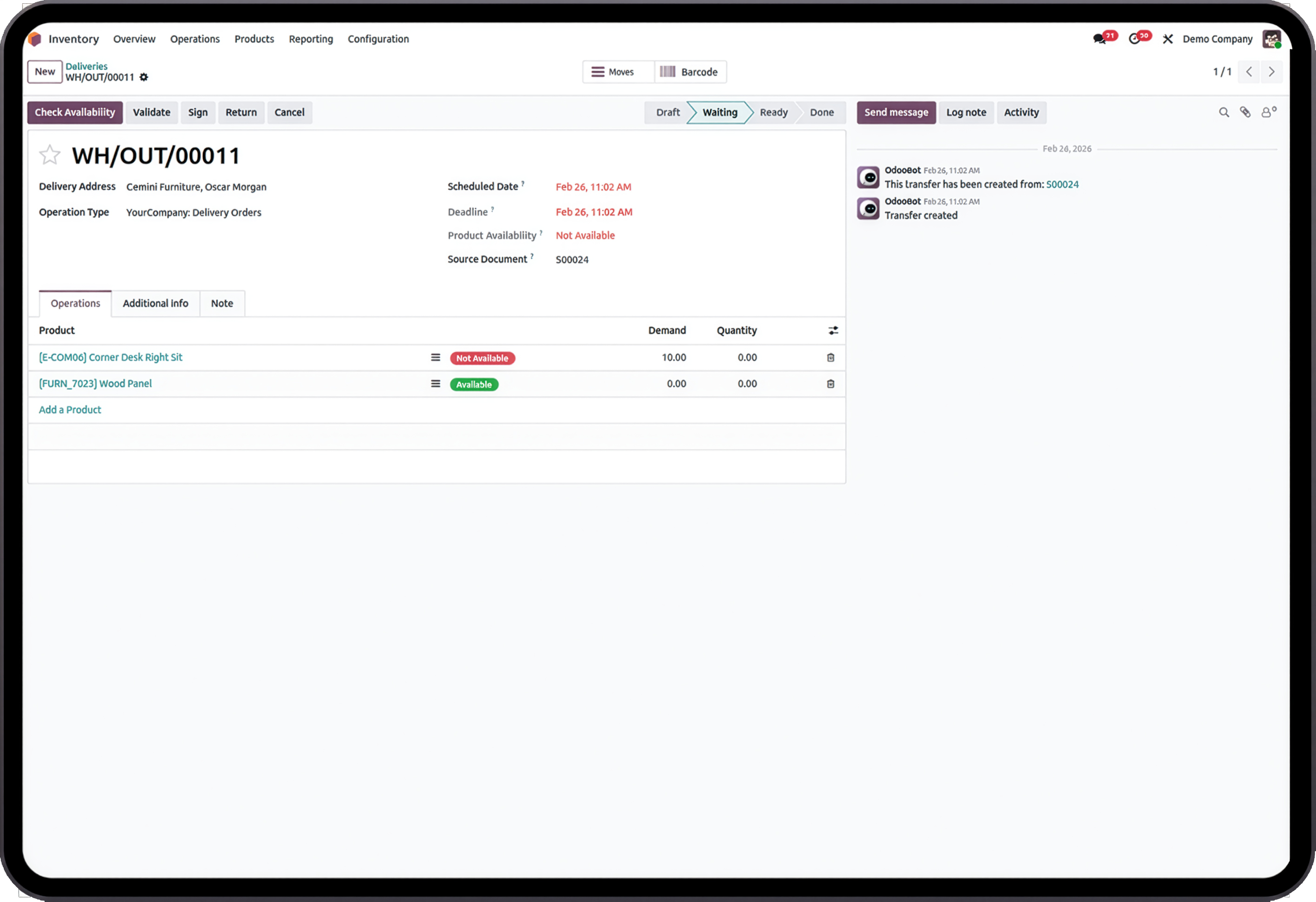 Delivery order status and product availability shown in an Enterprise Logistics Solutions dashboard