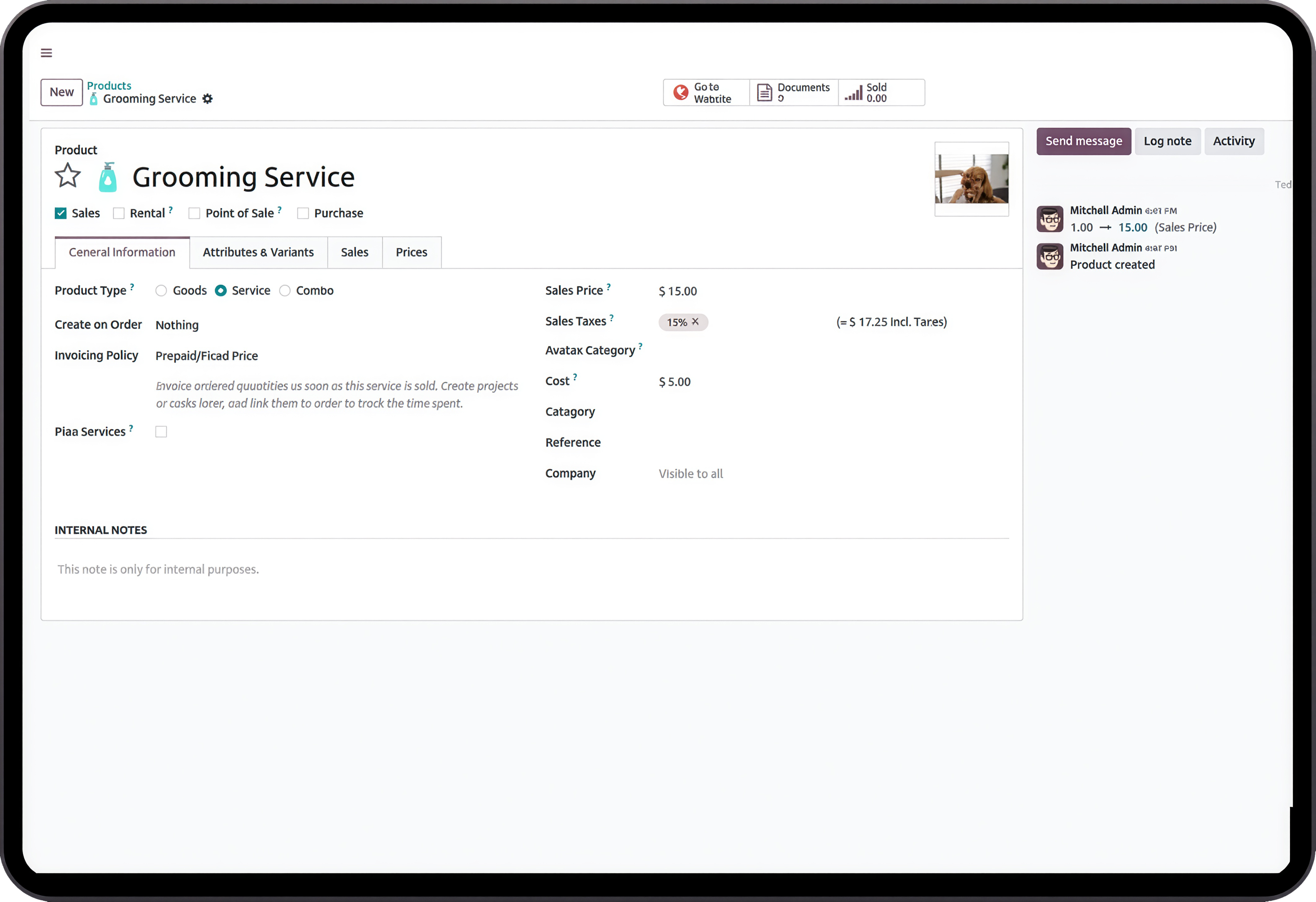 Grooming service setup in Pet Store ERP Solution for pricing, taxes, and product details.