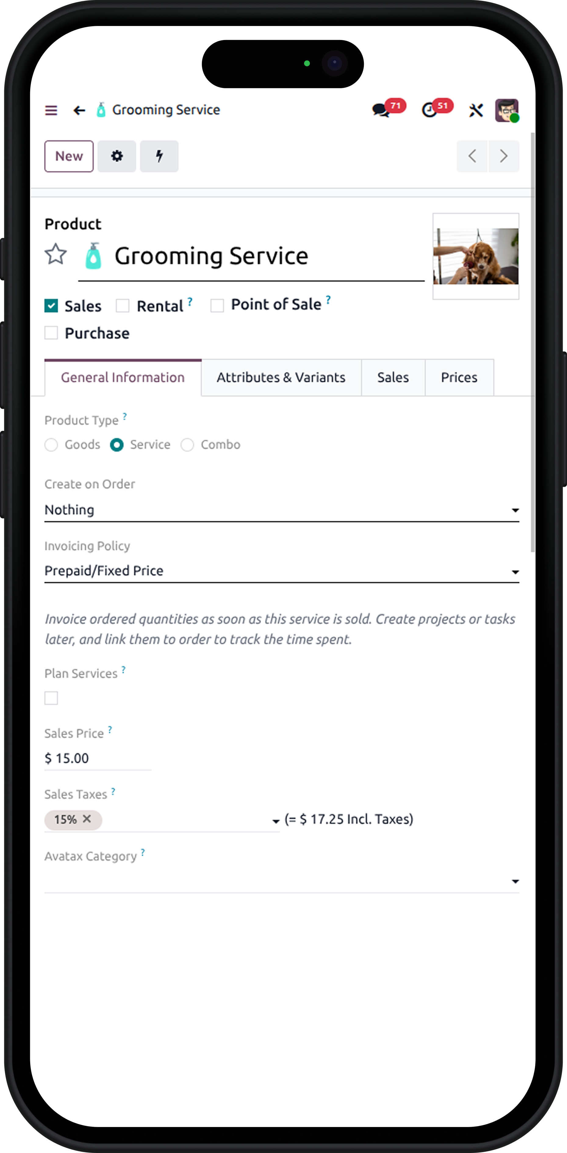 Mobile interface of Pet Store ERP Solution for managing grooming service information.