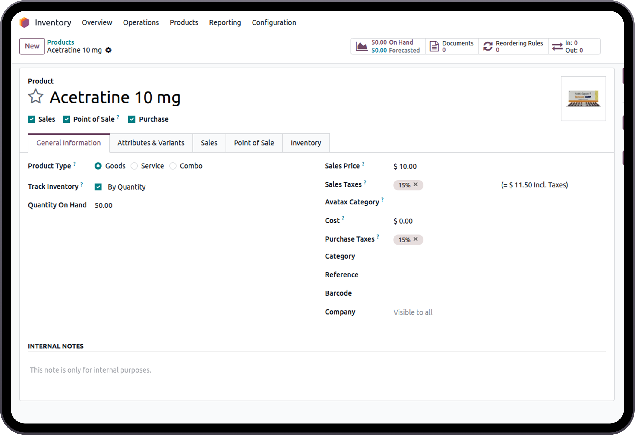 Product inventory dashboard in Pharmacy ERP Solution for medicine pricing and stock management.