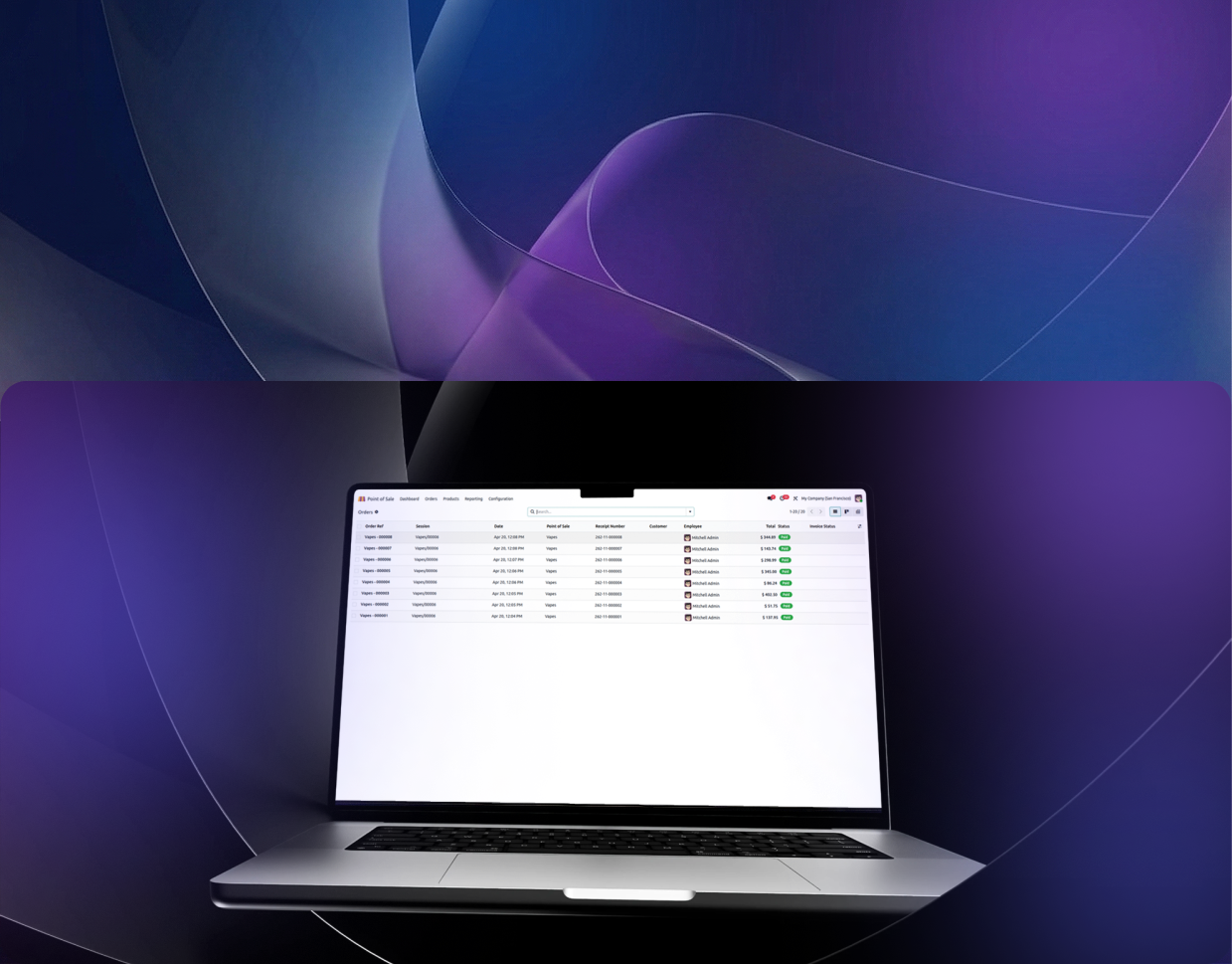 Customer order records managed with Odoo Retail Vapes ERP for retail operations.