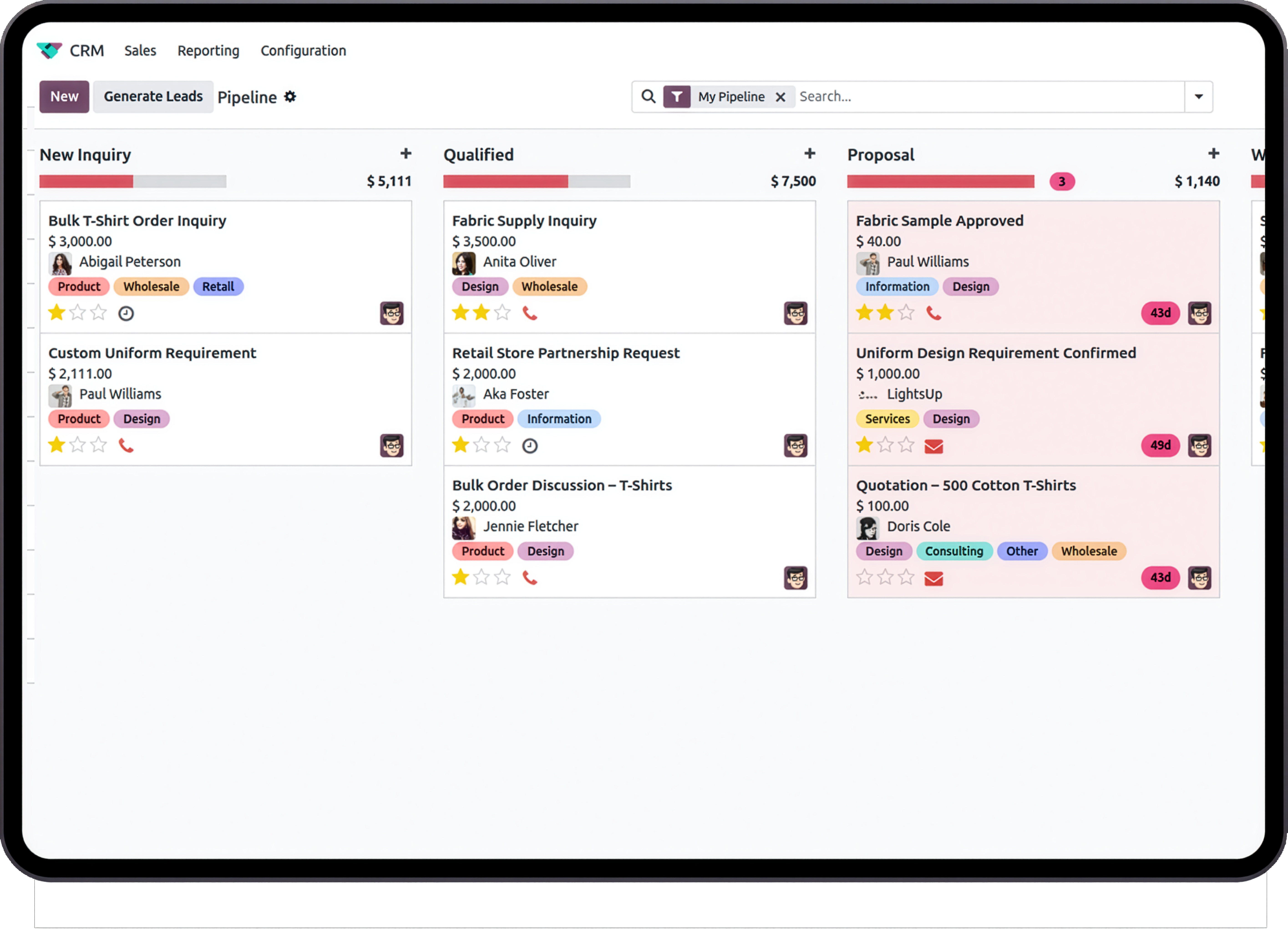 CRM sales pipeline with Textile Industry ERP on tablet
