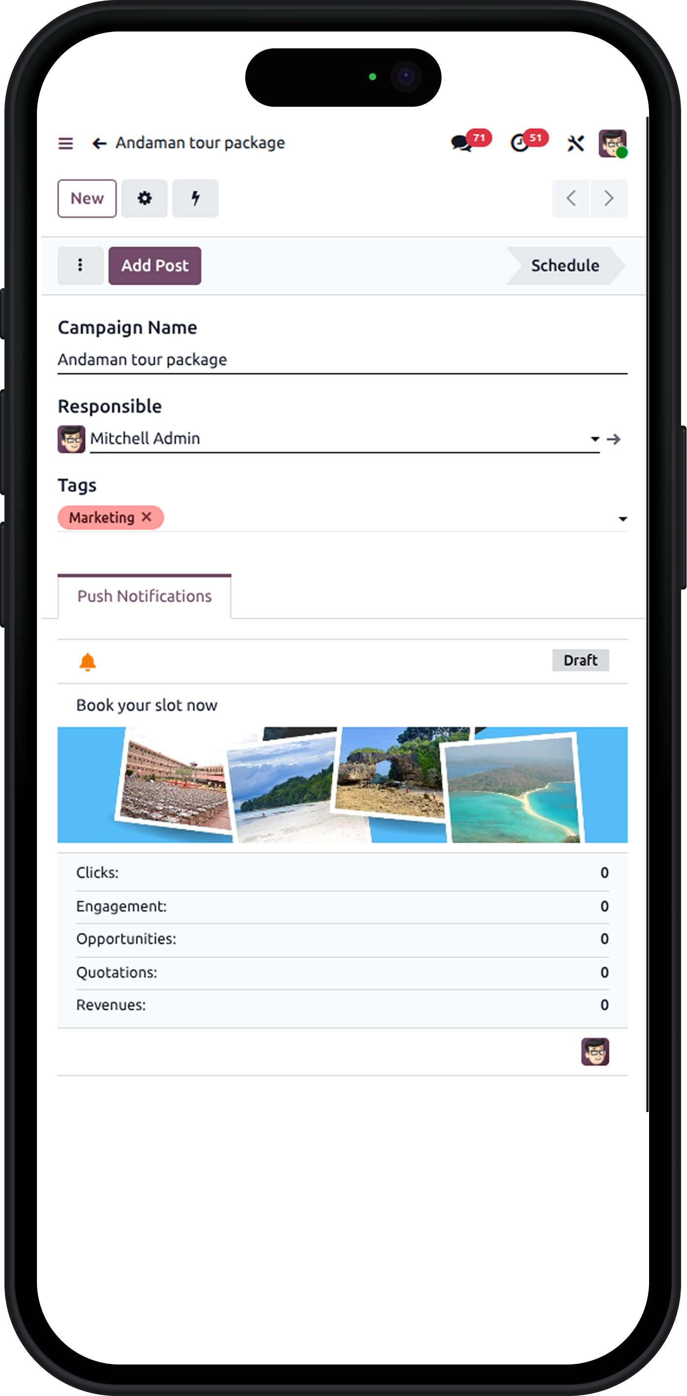 Mobile marketing campaign screen powered by Travel ERP Solution features.